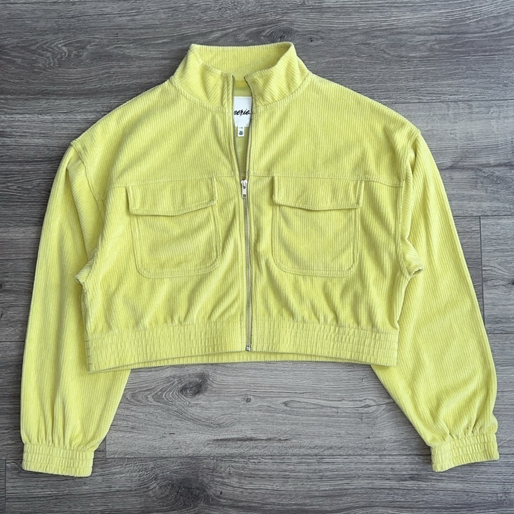 AERIE Groove On Velour Full Zip Sweatshirt Women's Large Batalia Green Ribbed